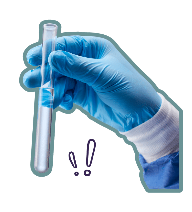 A hand with blue gloves holding a test tube with clear liquid in it